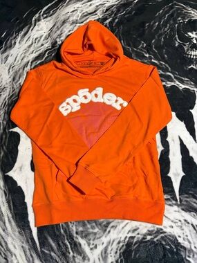 Orange Rhinestone Hoodie with sp5der puff print